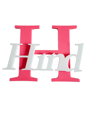 Pink and white letters spelling 'Hind' on a white background