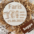Personalized Baby Name Plate with Hospital wristband. White round plate with custom written birth date and weight of baby