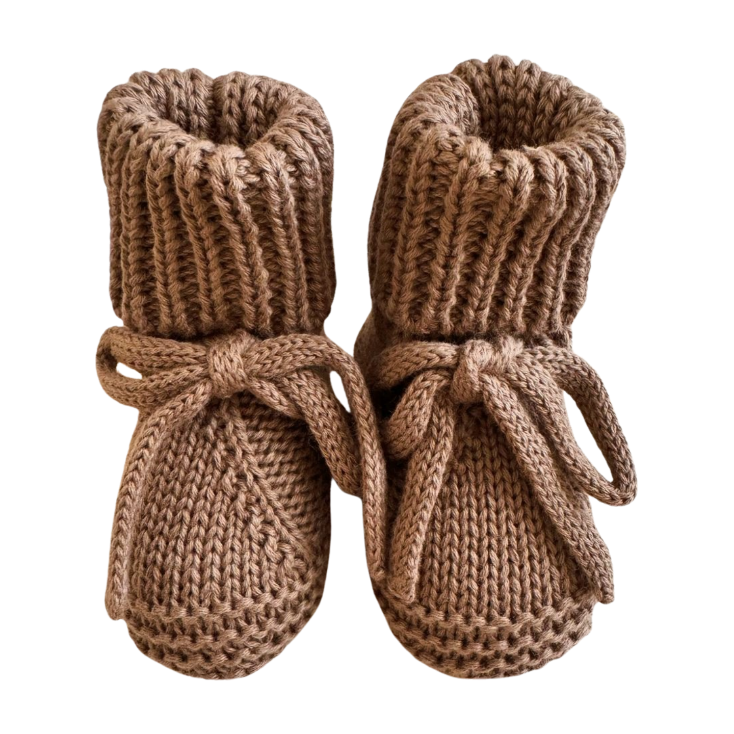Pair of brown knitted baby booties with ribbons on a white background