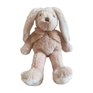 Plush bunny toy with a pink bow on a white background