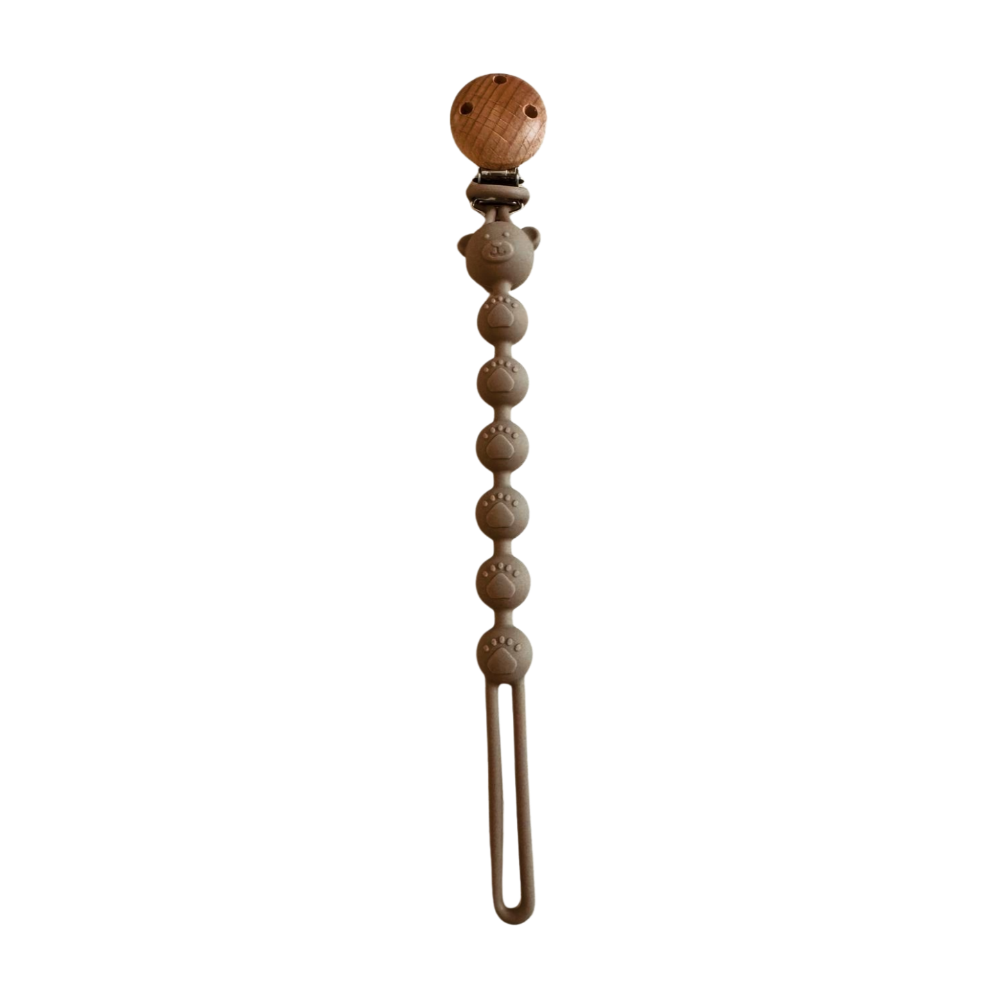 Decorative hair clip with wooden top and beaded body on a white background